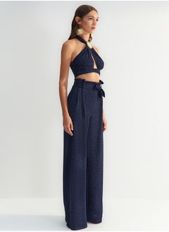trendyol X Zeynep Tosun Navy Blue Belted Lurex Knitted Trousers TCLSS23PL00002  - Image 3