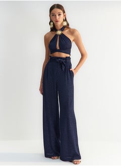 trendyol X Zeynep Tosun Navy Blue Belted Lurex Knitted Trousers TCLSS23PL00002  - Image 2