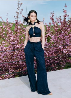 trendyol X Zeynep Tosun Navy Blue Belted Lurex Knitted Trousers TCLSS23PL00002  - Image 1