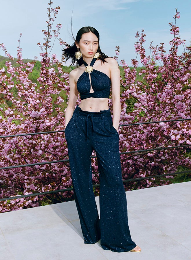 trendyol X Zeynep Tosun Navy Blue Belted Lurex Knitted Trousers TCLSS23PL00002  - Image 1