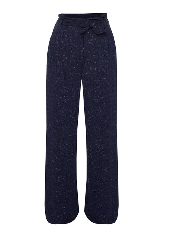 X Zeynep Tosun Navy Blue Belted Lurex Knitted Trousers TCLSS23PL00002