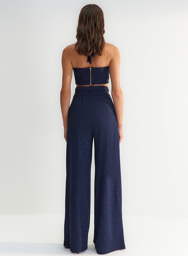 X Zeynep Tosun Navy Blue Belted Lurex Knitted Trousers TCLSS23PL00002