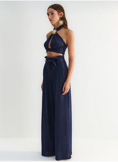 trendyol X Zeynep Tosun Navy Blue Belted Lurex Knitted Trousers TCLSS23PL00002  - Image 4