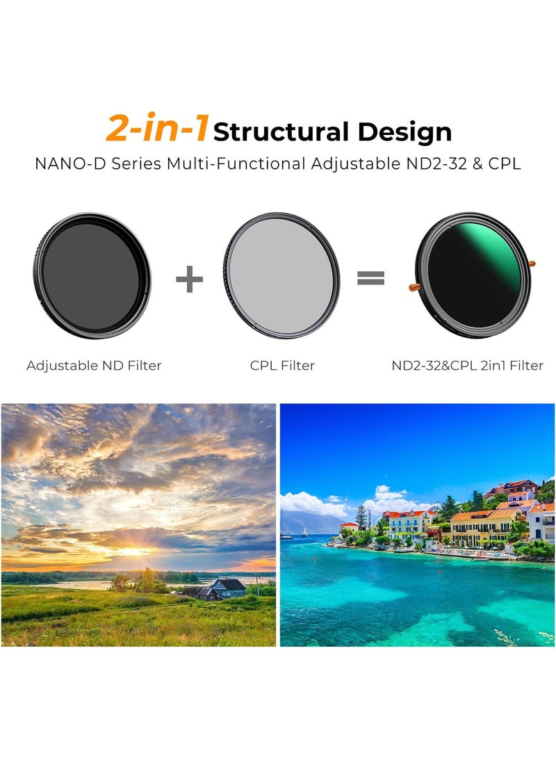 K&F Concept فلتر ND2-32 متغير بقطر 82 مم وفلتر عدسة مستقطب دائري CPL في 1 لعدسة الكاميرا، فلتر استقطابي محايد الكثافة مقاوم للماء (سلسلة نانو-D) - Image 3