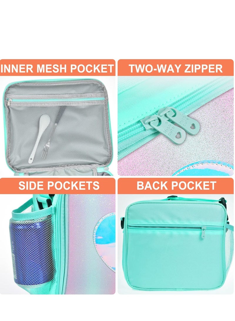 SYOSI Children's Lunch Box, Rainbow Laser Tote Leakproof Insulated Lunch Bag Reusable Insulated Bento Bag Picnic Ice Bag Girls Simple Shoulder Bag for School and Outdoor Backpack (Green)  - Image 5