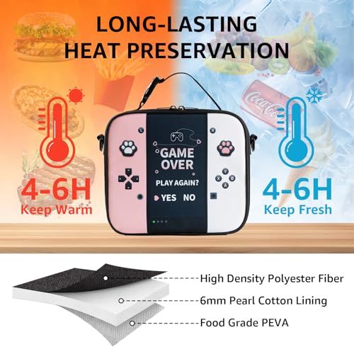 Easozoom Game Console Bento Insulated Lunch Bag lonchera for Teen Boy Kid Gamer Lunch Box Reusable Large Capacity Portable Waterproof Leakproof with name tag to School Office Picnic (Pink) - Image 2