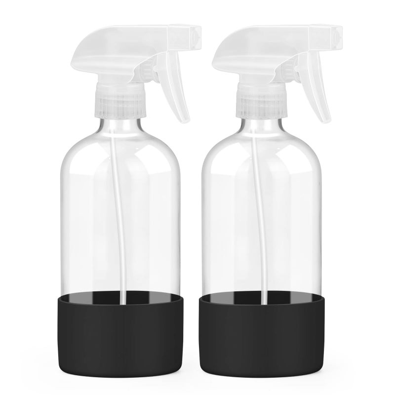 Worldgsb 2 Pack Glass Spray Bottles With Silicone Sleeve  16 Oz Empty Refillable Containers With Adjustable Spray Nozzles  Spray Bottles For Hair  Cleaning Solutions And Plants Black - Image 1