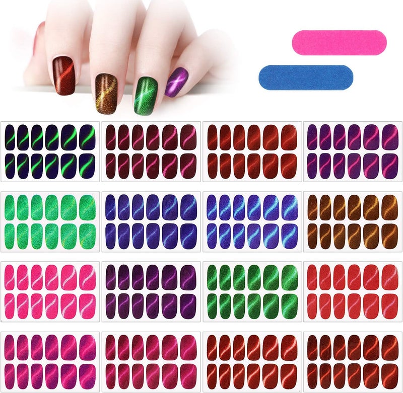 MWOOT 16 Sheets Full Wraps Nail StickersSelfAdhesive Nail Polish Stickers Strips S Pattern Cat Eye Glittery Nail Art Designs Kits with Nail File