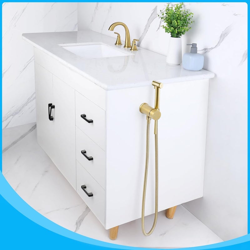 WOCCI Brushed Gold Hot and Cold Bidet Sprayer Set Mounted on The Bathroom Vanity, Stainless Steel Warm Water Bidet Sprayer for Toilet with Brass Hot and Cold Mixing Valve - Image 2