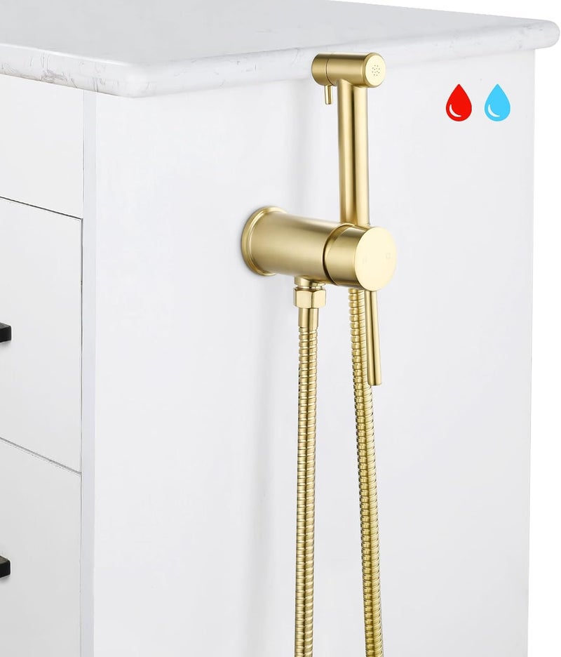 WOCCI Brushed Gold Hot and Cold Bidet Sprayer Set Mounted on The Bathroom Vanity, Stainless Steel Warm Water Bidet Sprayer for Toilet with Brass Hot and Cold Mixing Valve - Image 1