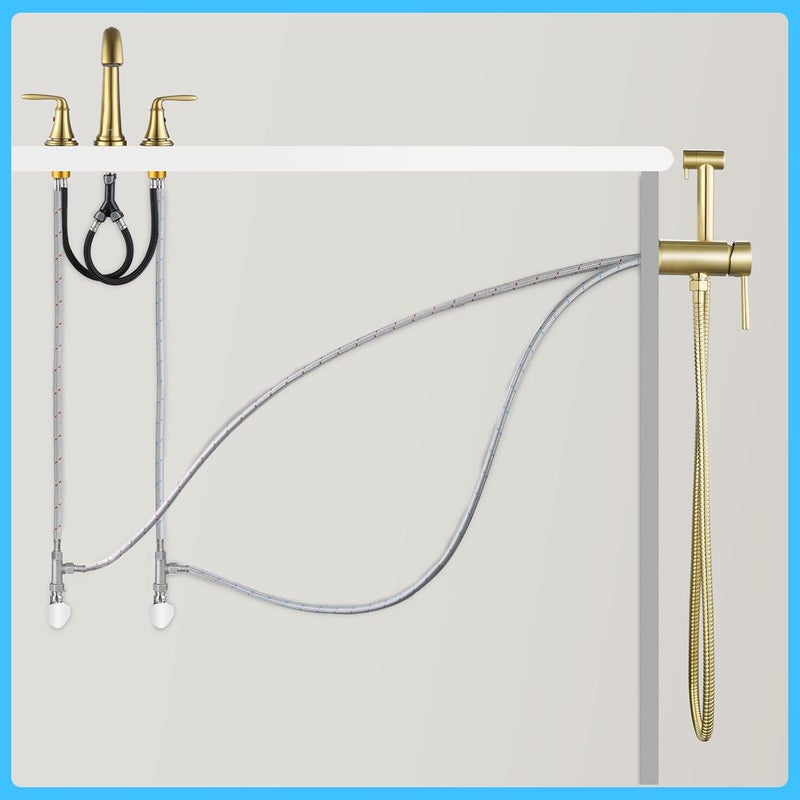 WOCCI Brushed Gold Hot and Cold Bidet Sprayer Set Mounted on The Bathroom Vanity, Stainless Steel Warm Water Bidet Sprayer for Toilet with Brass Hot and Cold Mixing Valve - Image 5