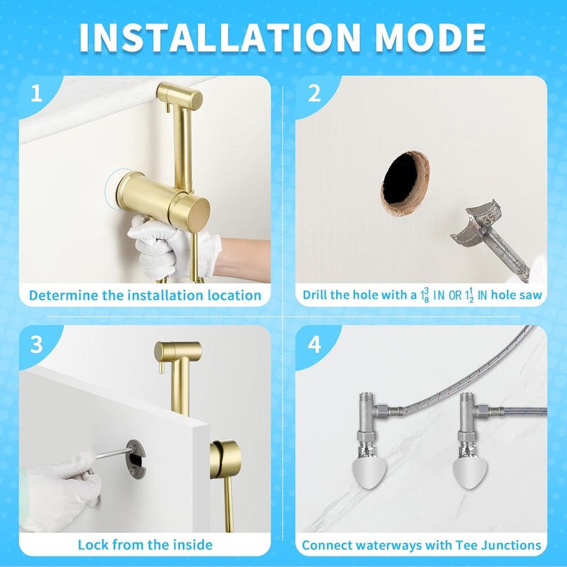 WOCCI Brushed Gold Hot and Cold Bidet Sprayer Set Mounted on The Bathroom Vanity, Stainless Steel Warm Water Bidet Sprayer for Toilet with Brass Hot and Cold Mixing Valve - Image 4