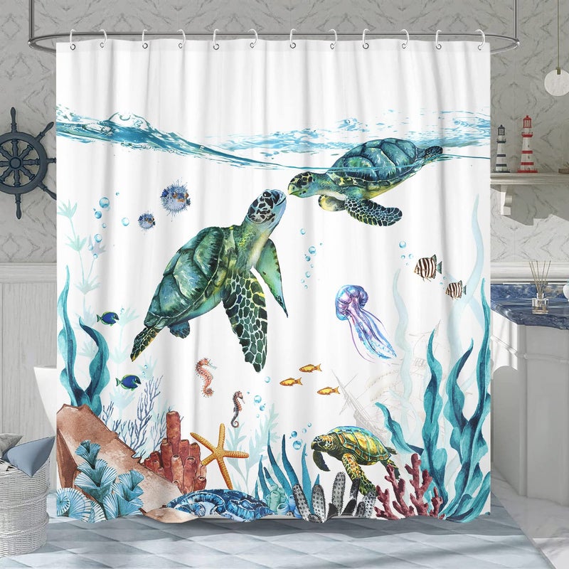 Fowocu Sea Turtle 84 Inch Shower Curtain Teal Blue Ocean Waterproof Fabric Shower Curtains for Bathroom with Funny Animal Octopus Starfish Anchor Fish Nautical Bath Curtain Decor (Teal  72''?84'') - Image 1