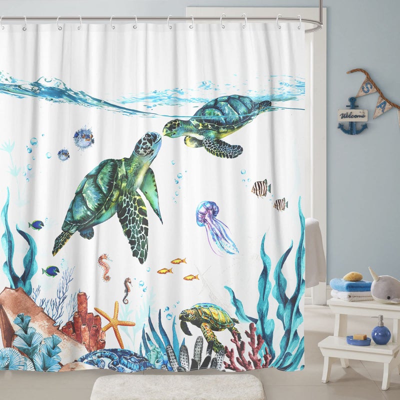 Fowocu Sea Turtle 84 Inch Shower Curtain Teal Blue Ocean Waterproof Fabric Shower Curtains for Bathroom with Funny Animal Octopus Starfish Anchor Fish Nautical Bath Curtain Decor (Teal  72''?84'') - Image 3