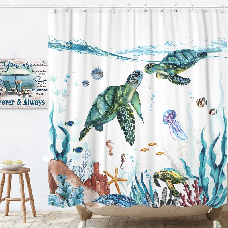 Fowocu Sea Turtle 84 Inch Shower Curtain Teal Blue Ocean Waterproof Fabric Shower Curtains for Bathroom with Funny Animal Octopus Starfish Anchor Fish Nautical Bath Curtain Decor (Teal  72''?84'') - Image 5