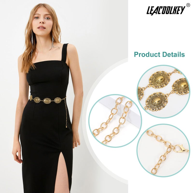 LEACOOLKEY Women Gold Western Concho Chain Belt Boho Metal Western Cowgirl Chain Belt for Dress Adjustable - Image 2