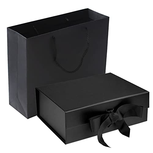 RUIFYRAY Black Luxury Magnetic Gift Box with Lid, Ribbons and Gift Bag, Medium Size-9.4x7x3 Inches, Great for Christmas, New Year, Wedding, Birthdays, Man - Image 1