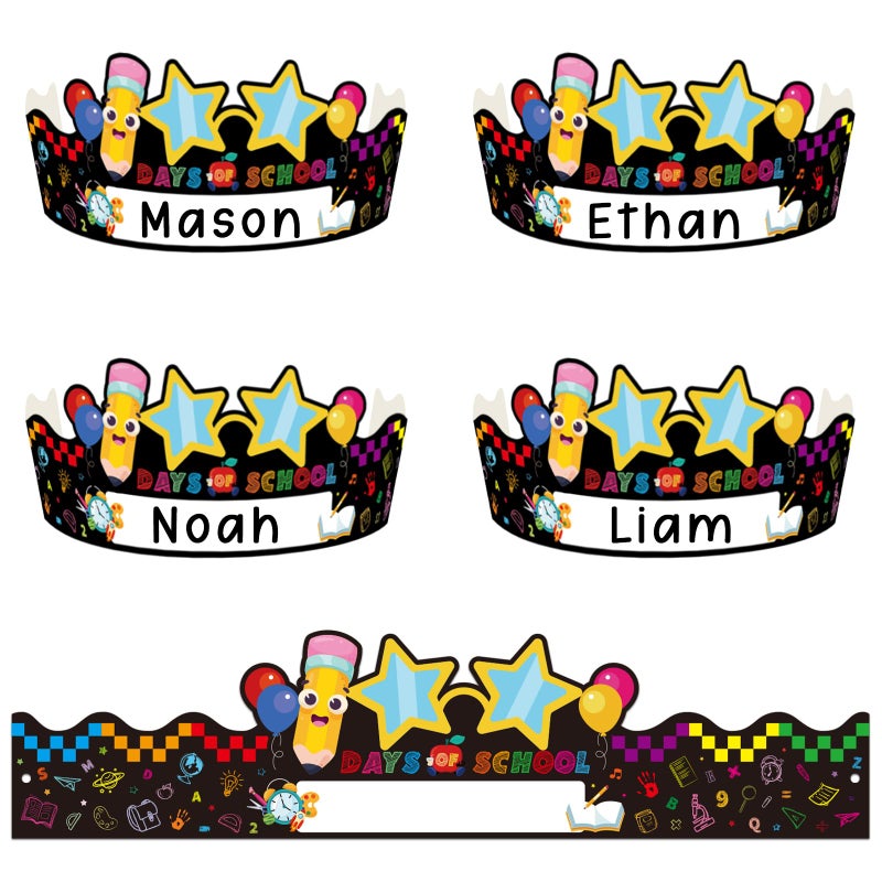 HEYINSHEN HEYISNHEN 24 Pcs 100th Days of School Paper Crowns for Kids Customizable Name 100th Day of School Hats with Elastic String Adjustable Classroom Activity Supplies for Kindergarten Preschool - Image 1