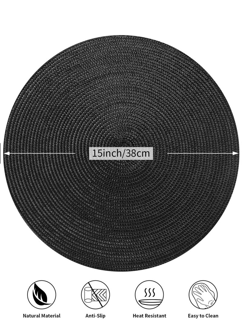 Excefore Round Braided Placemats Set of 6 Washable Round Table Mats, Cotton Polyester Woven Heat Resistant Place mats, Non-Slip Dining Tables Polypropylene PlaceSet(Black)  - Image 2