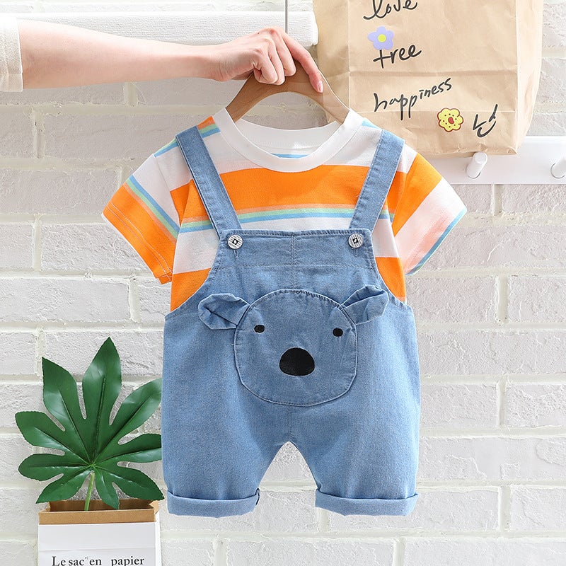 Suspender pants childrens clothing 2024 Summer boys and girls rainbow striped breathable T-shirt Denim suspender pants Orange 
