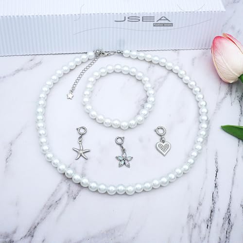 JSEA 8mm Faux Pearl Necklace Elastic Bracelet Jewelry Set Beige White Pink Fake Pearl Jewelry - Image 2