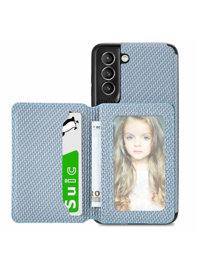 Generic Case Cover For Samsung Galaxy S21+ 5G Carbon Fiber Magnetic Card Bag TPU+PU Shockproof Back Cover Case with Holder & Card Slot & Photo Frame (Blue) 