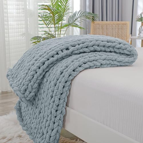 Bigacogo Chunky Knit Throw Blanket for Couch 40x40 inches 100 Hand Knitted with Thick Jumbo Chenille Yarn Cozy Soft Large Rope Knot Cable Crochet Blankets for Sofa Bed Living Room Dusty Blue - Image 1