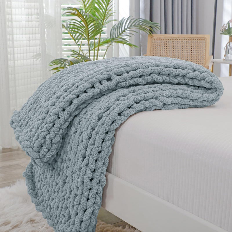 Bigacogo Chunky Knit Throw Blanket for Couch 40x40 inches 100 Hand Knitted with Thick Jumbo Chenille Yarn Cozy Soft Large Rope Knot Cable Crochet Blankets for Sofa Bed Living Room Dusty Blue - Image 2