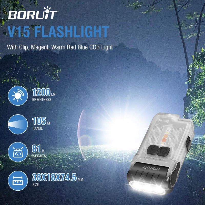 BORUIT V15 Small Flashlight Powerful Super Bright with 80Â° Swivel Head, Clip Magent Warm Red Blue COB Light - Mini Pocket Keychain EDC Flashlights USB Rechargeable IP67 LED Flash Light - Image 2