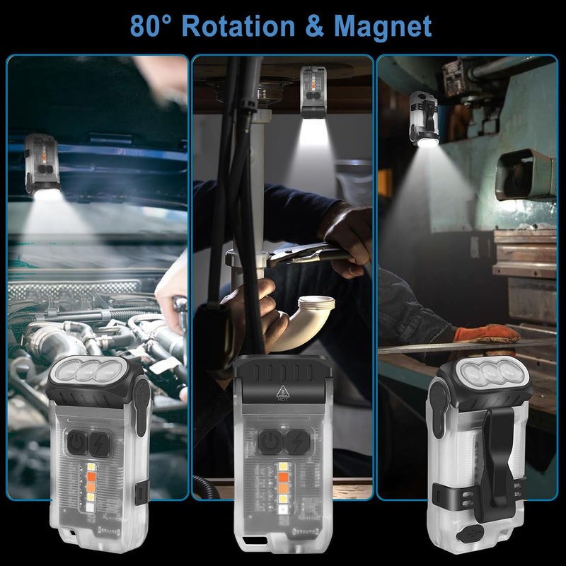 BORUIT V15 Small Flashlight Powerful Super Bright with 80Â° Swivel Head, Clip Magent Warm Red Blue COB Light - Mini Pocket Keychain EDC Flashlights USB Rechargeable IP67 LED Flash Light - Image 4