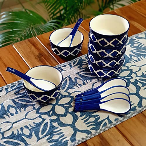 BACKKSPACE RETAIL Soup Bowl with Spoon Set | Hand-Painted Ceramic Bowl Set of 6 | 300ml Each | Ideal for Serving Soup, Maggi, Dessert | Microwave & Dishwasher Safe (Blue) - Image 2