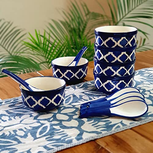 BACKKSPACE RETAIL Soup Bowl with Spoon Set | Hand-Painted Ceramic Bowl Set of 6 | 300ml Each | Ideal for Serving Soup, Maggi, Dessert | Microwave & Dishwasher Safe (Blue) - Image 1