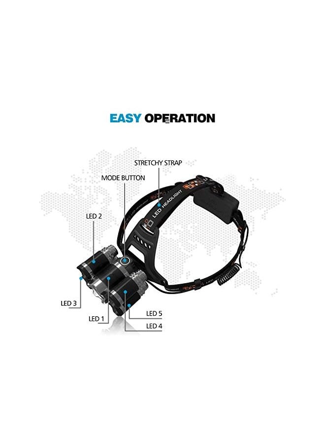 DELEE Waterproof 12000 Lumen 5 Led Headlamp XML T6+4Q5 Head Lamp Powerful Led Headlight, Rechargeable Flashlight Head Lights for Camping, Hiking (Include 2 * 18650 Rechargeable Batteries)  - Image 3