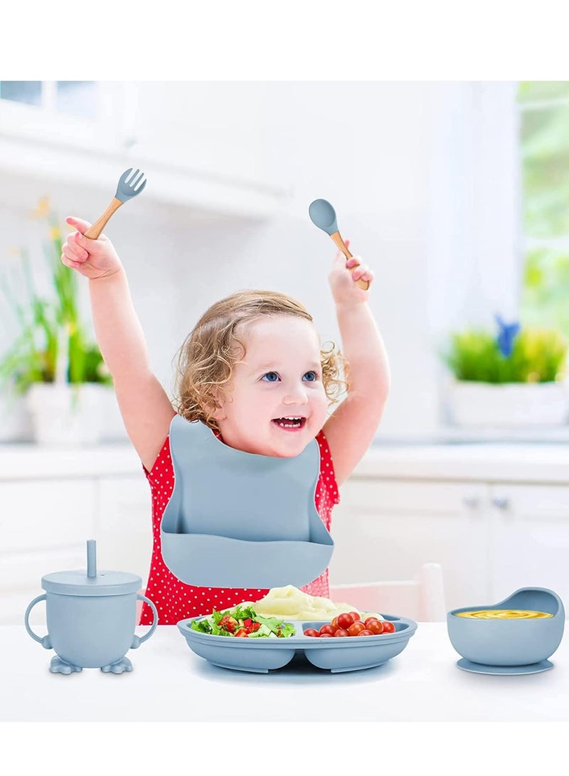 GUDOO مجموعة تغذية الطفل، لوازم فطام الطفل بقيادة الطفل مع وعاء شفط وطبق مقسم ومجموعة أطباق إطعام الطفل ذاتيًا مع ملاعق وشوك وكوب شرب ومريلة قابلة للتعديل وأدوات تناول الطعام - Image 2
