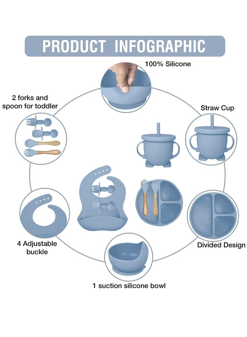 GUDOO مجموعة تغذية الطفل، لوازم فطام الطفل بقيادة الطفل مع وعاء شفط وطبق مقسم ومجموعة أطباق إطعام الطفل ذاتيًا مع ملاعق وشوك وكوب شرب ومريلة قابلة للتعديل وأدوات تناول الطعام - Image 3