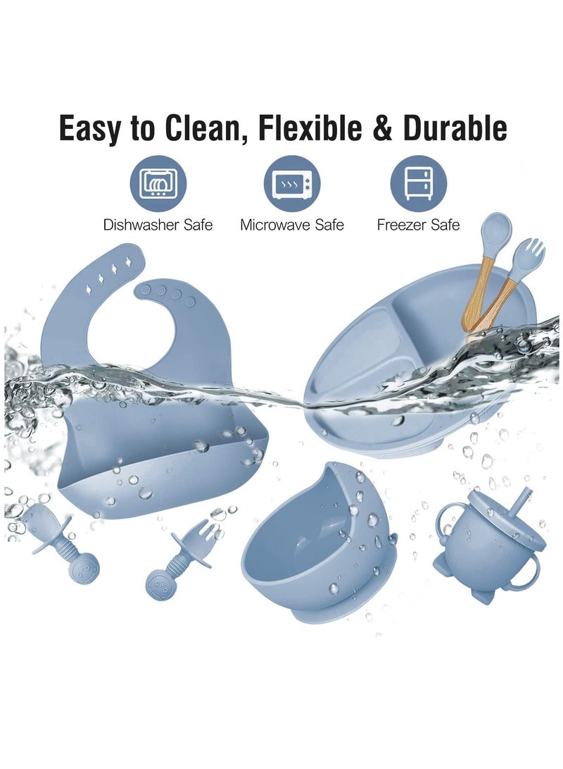 GUDOO مجموعة تغذية الطفل، لوازم فطام الطفل بقيادة الطفل مع وعاء شفط وطبق مقسم ومجموعة أطباق إطعام الطفل ذاتيًا مع ملاعق وشوك وكوب شرب ومريلة قابلة للتعديل وأدوات تناول الطعام - Image 4