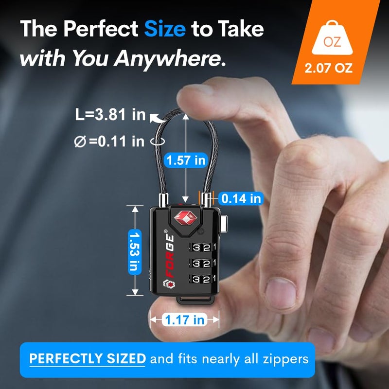 Forge TSA Approved Cable Luggage Locks, Re-settable Combination with Alloy Body  - Image 3
