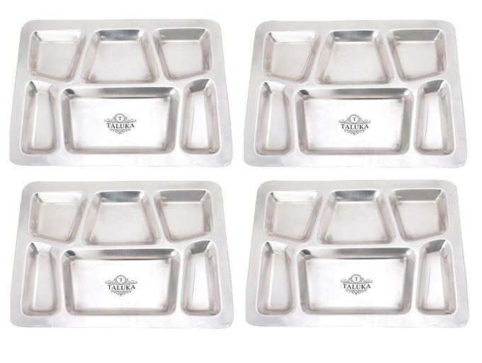 157 X 119 IN APPROX PURE STAINLESS STEEL 6 IN 1 COMPARTMENT PLATE THALI BHOJAN THALI STEEL PLATE SET OF 4