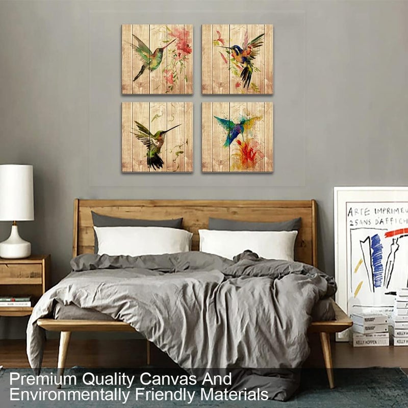 Wall HDQ Hummingbird Wall Art Canvas Decor for Home Living Room Bedroom Wall Decoration,Bird Poster Picture Print on Wooden Background Framed Artwork Ready to Hang(12''W x 12''H x 4Panels) - Image 2