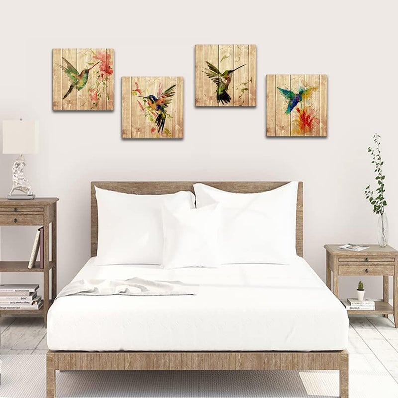 Wall HDQ Hummingbird Wall Art Canvas Decor for Home Living Room Bedroom Wall Decoration,Bird Poster Picture Print on Wooden Background Framed Artwork Ready to Hang(12''W x 12''H x 4Panels) - Image 5
