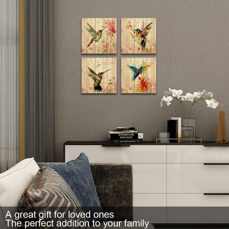 Wall HDQ Hummingbird Wall Art Canvas Decor for Home Living Room Bedroom Wall Decoration,Bird Poster Picture Print on Wooden Background Framed Artwork Ready to Hang(12''W x 12''H x 4Panels) - Image 4