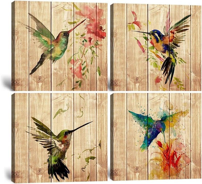 Wall HDQ Hummingbird Wall Art Canvas Decor for Home Living Room Bedroom Wall Decoration,Bird Poster Picture Print on Wooden Background Framed Artwork Ready to Hang(12''W x 12''H x 4Panels) - Image 1