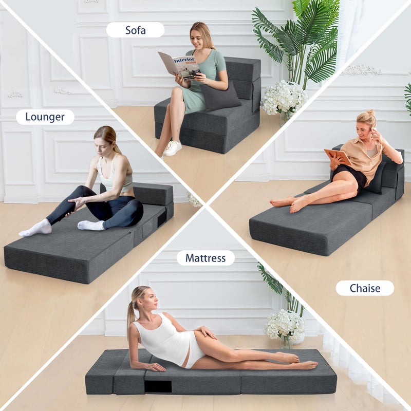 Ressainic Folding Sofa Bed Chair with Pillow,Convertible Fold Out Chair Bed Sleeper,Foam Floor Mattress, Foldable Futon Couch Bed for Living Room/Dorm/Guest/Office (Grey, Single) - Image 5