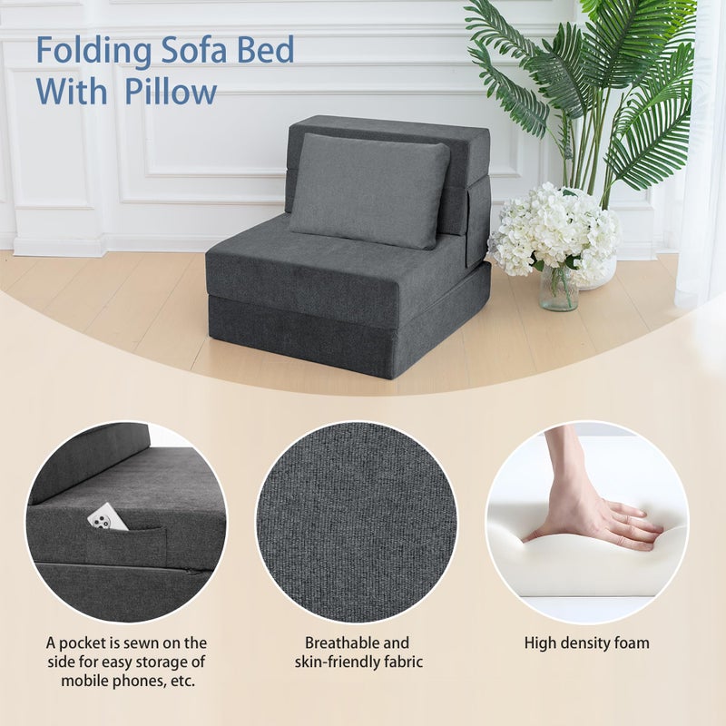 Ressainic Folding Sofa Bed Chair with Pillow,Convertible Fold Out Chair Bed Sleeper,Foam Floor Mattress, Foldable Futon Couch Bed for Living Room/Dorm/Guest/Office (Grey, Single) - Image 2