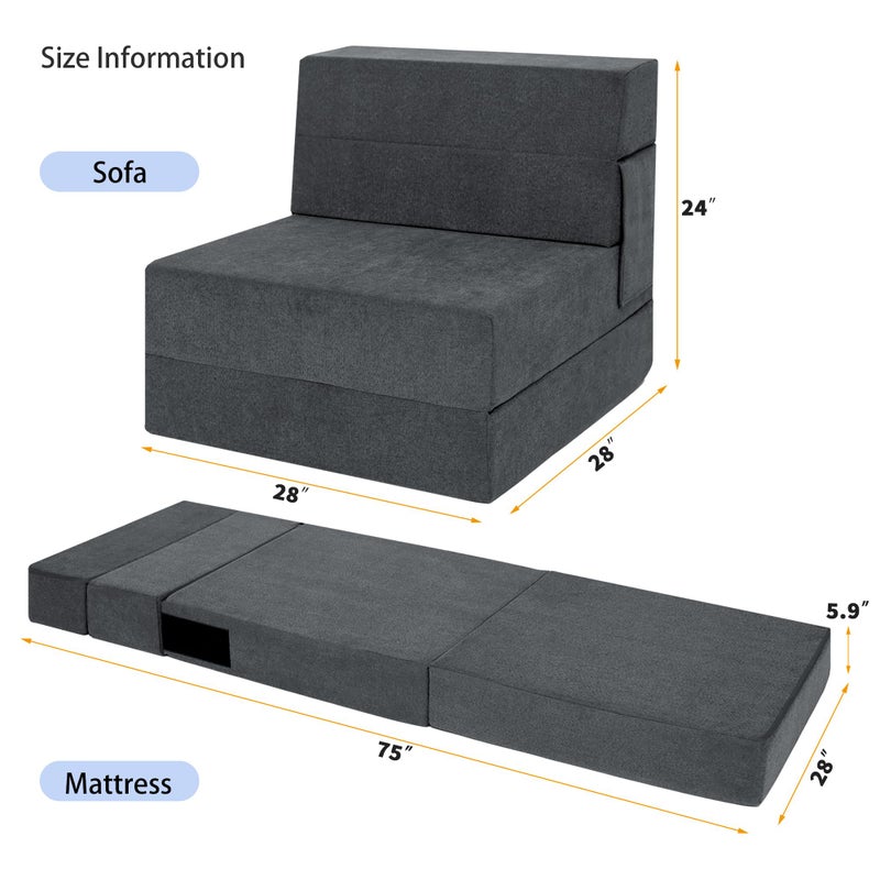 Ressainic Folding Sofa Bed Chair with Pillow,Convertible Fold Out Chair Bed Sleeper,Foam Floor Mattress, Foldable Futon Couch Bed for Living Room/Dorm/Guest/Office (Grey, Single) - Image 3
