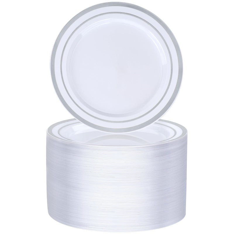 BESTVIP 100PCS Silver Plastic Plate  7 Inch Disposable Dessert Plate Party with Silver Rim  Heavy Duty Disposable Plastic Plates for Party  Wedding and Birthday - Image 1