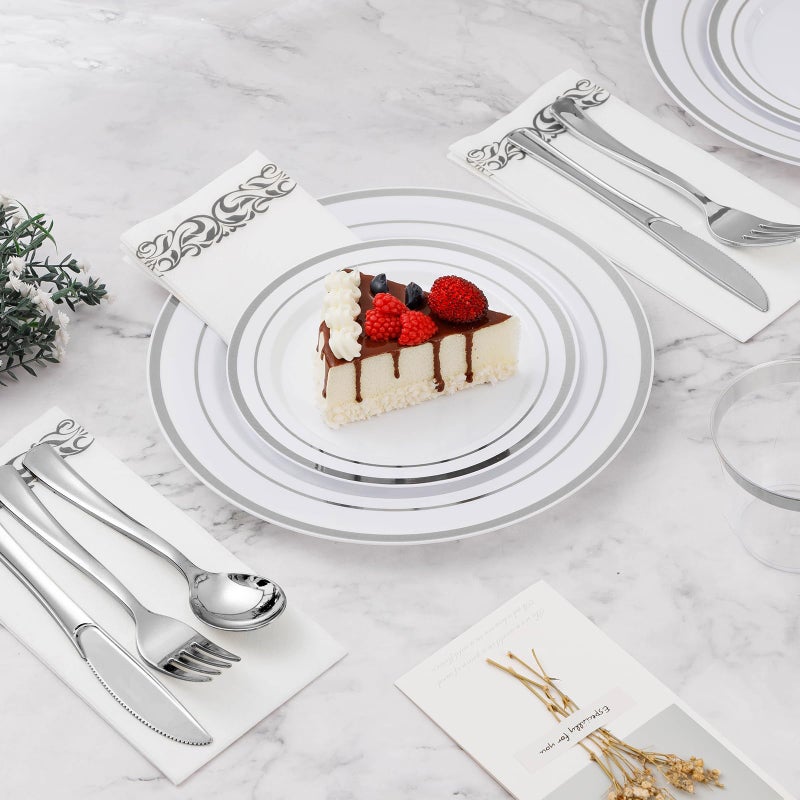 BESTVIP 100PCS Silver Plastic Plate  7 Inch Disposable Dessert Plate Party with Silver Rim  Heavy Duty Disposable Plastic Plates for Party  Wedding and Birthday - Image 2