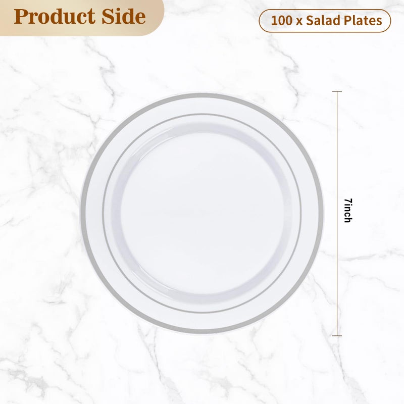 BESTVIP 100PCS Silver Plastic Plate  7 Inch Disposable Dessert Plate Party with Silver Rim  Heavy Duty Disposable Plastic Plates for Party  Wedding and Birthday - Image 3
