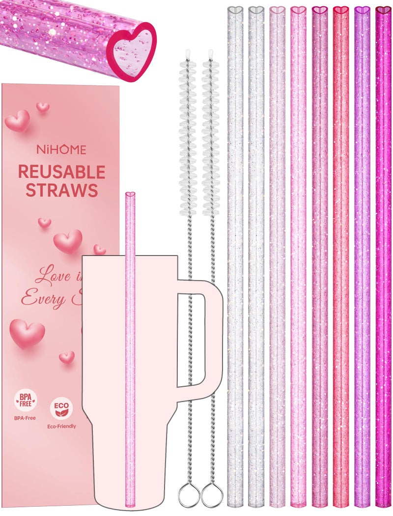 NiHome 8-Pack 12" Reusable Heart Shaped Glitter Straws Fit for Stanley Tumbler 40/30/64oz, Glitter Gradient Pink Plastic Drinking Straws for Stanley Cups, Gift Straw for Christmas, Valentineâ€™s Day - Image 1