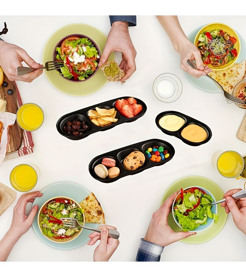 5pcs 2 Compartment Black Plastic Oval Divided Dipping Sauce Bowls Reusable Dishwasher Safe Appetizer Serving Dish for Sushi Condiments Side Dish Party Kitchen Snacks Fruits BBQ Desserts - Image 5